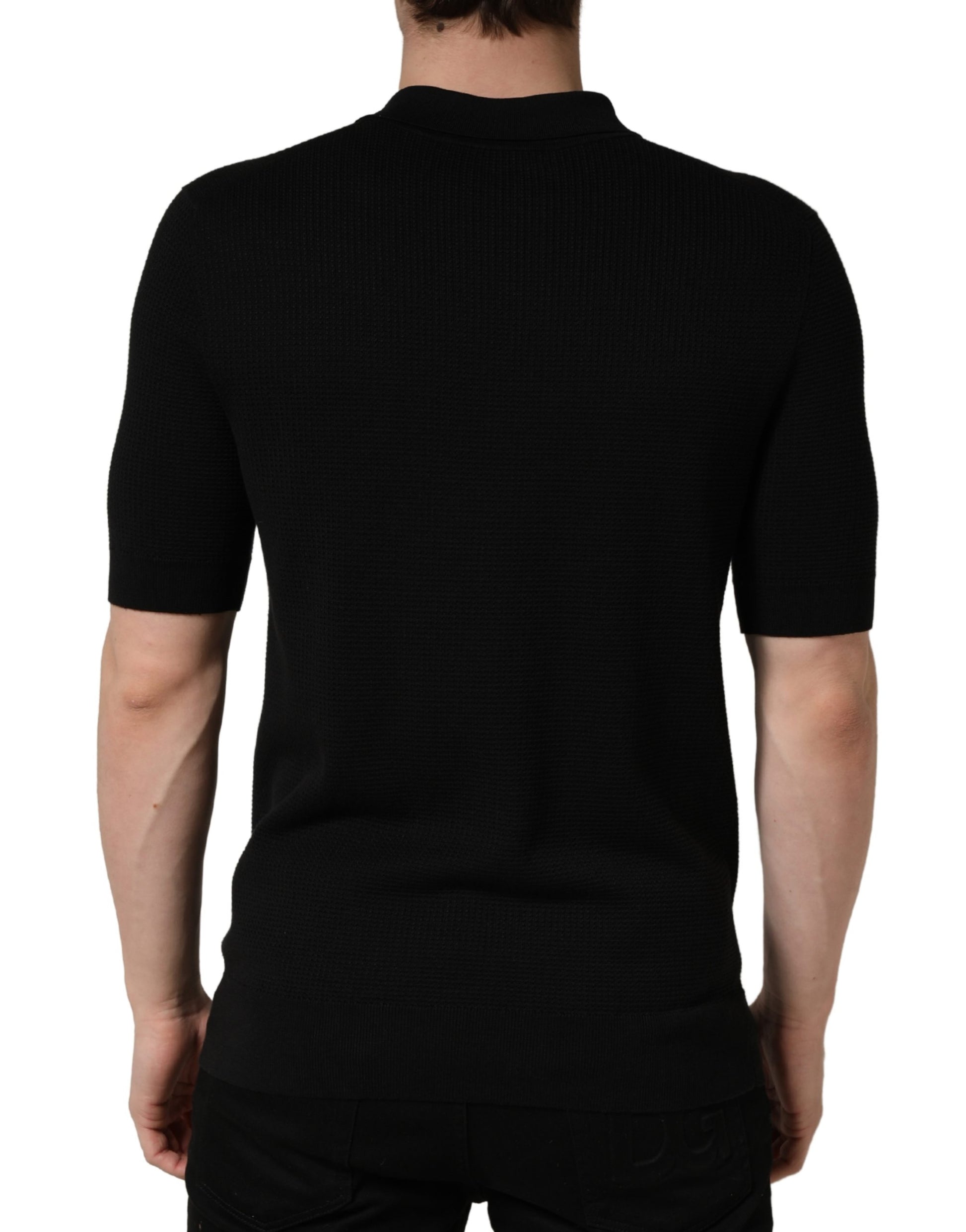 Dolce & Gabbana Black Heraldic Crest Patch Silk Polo T-Shirt