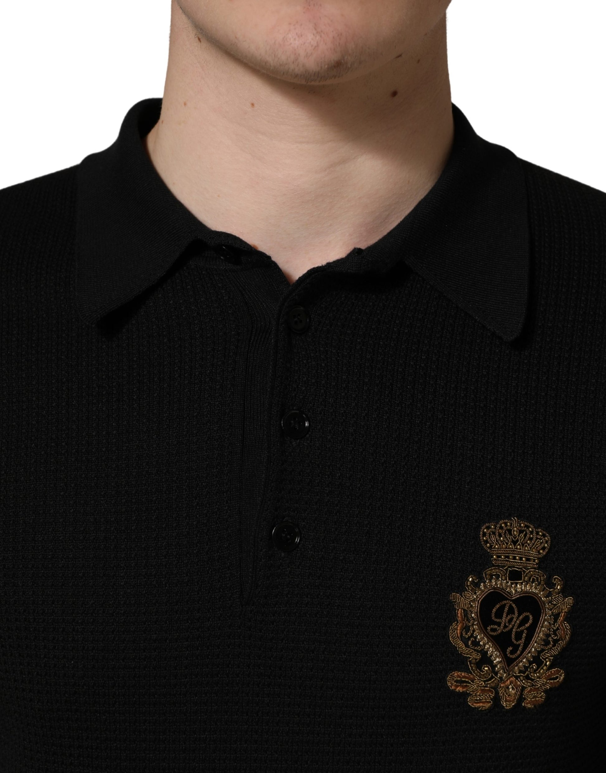 Dolce & Gabbana Black Heraldic Crest Patch Silk Polo T-Shirt