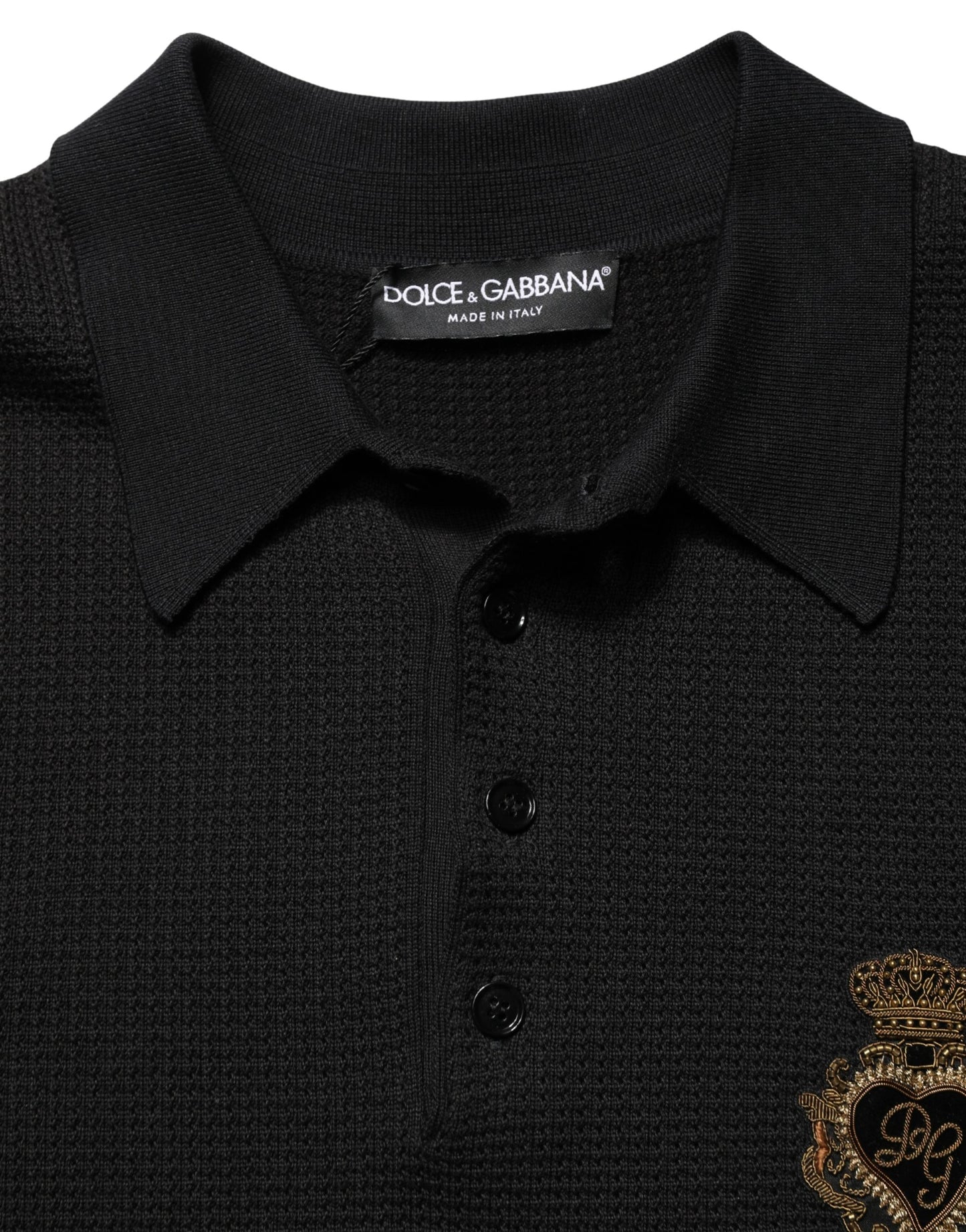 Dolce & Gabbana Black Heraldic Crest Patch Silk Polo T-Shirt