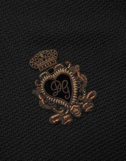Dolce & Gabbana Black Heraldic Crest Patch Silk Polo T-Shirt