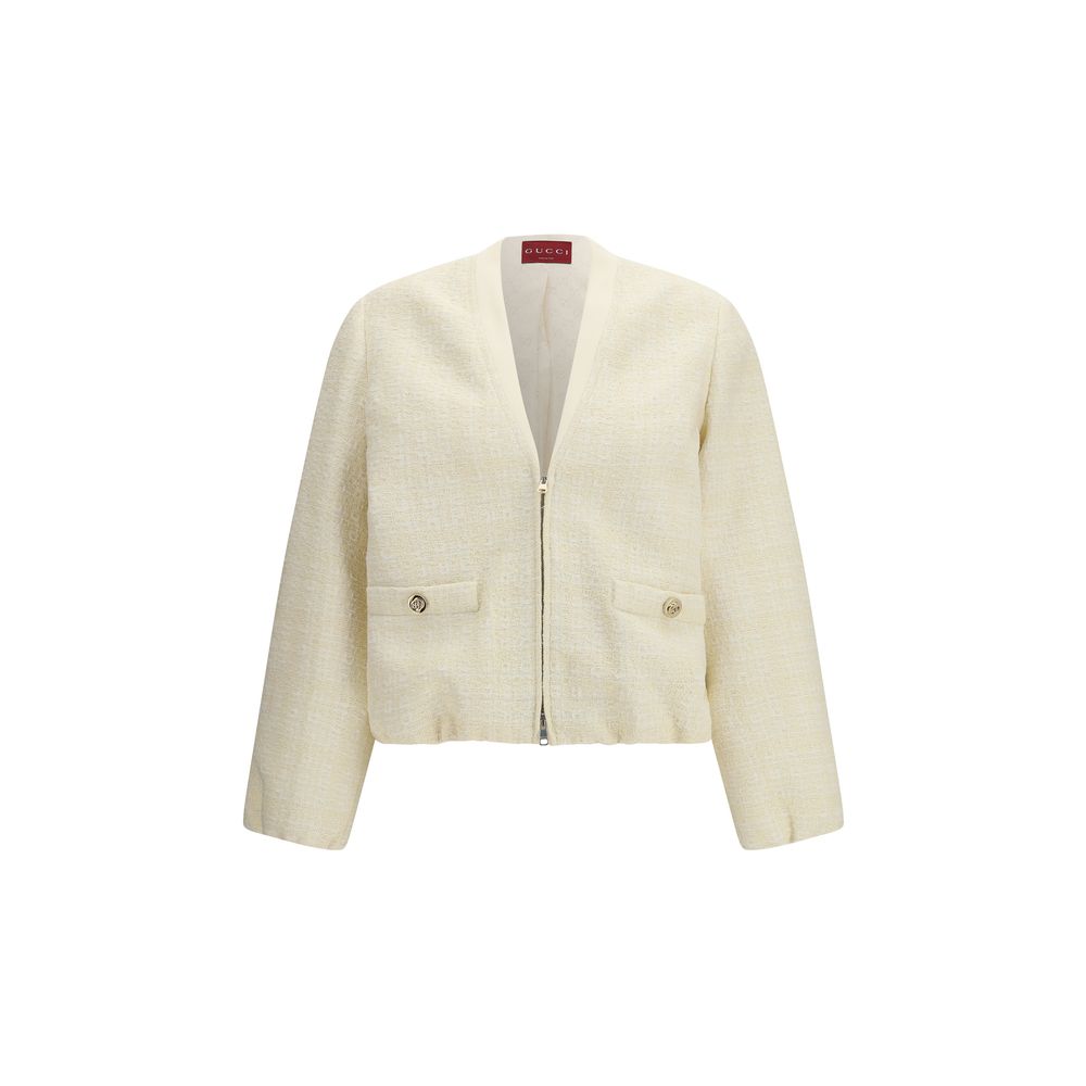 Gucci Beige Cotton Tweed Bomber Jacket