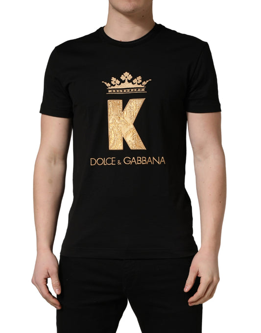 Dolce & Gabbana Black King Patch Cotton Men Crew Neck T-shirt