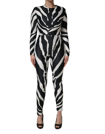 Dolce & Gabbana Black and White Polyester Zebra Pattern Jumpsuit