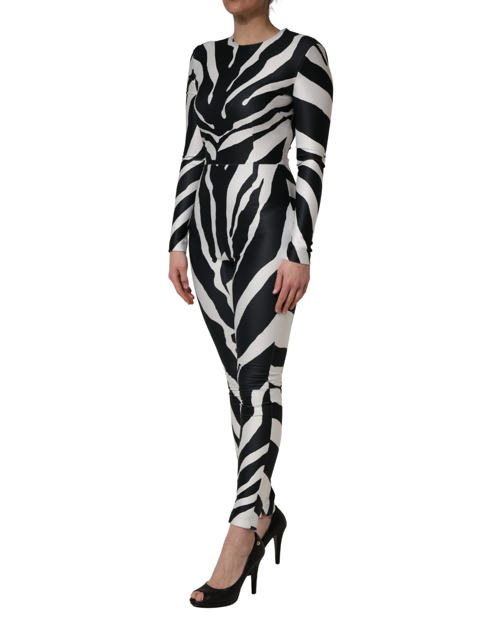 Dolce & Gabbana Black and White Polyester Zebra Pattern Jumpsuit