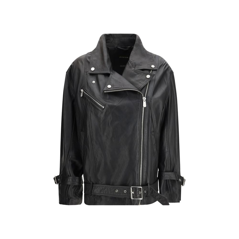 PINKO Black Leather Biker Jacket