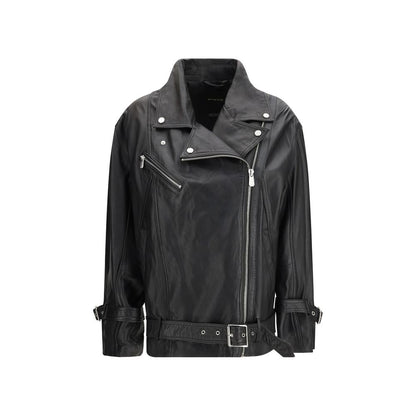 PINKO Black Leather Biker Jacket