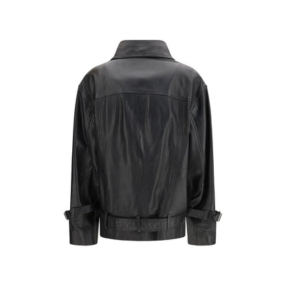 PINKO Black Leather Biker Jacket