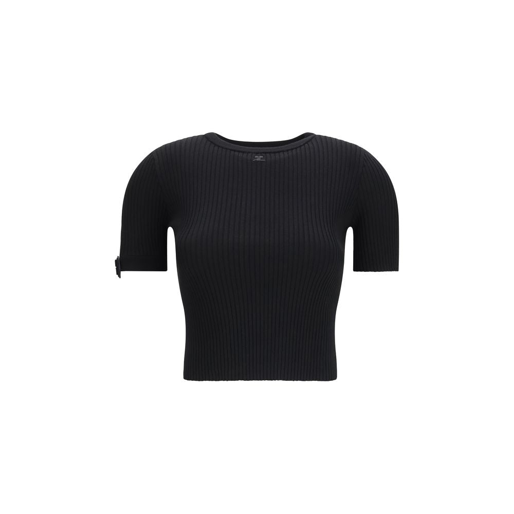 Courrèges Black Viscose T-Shirt - Ribbed Crop Top with Buckle Detail