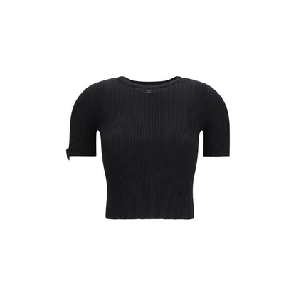 Courrèges Black Viscose T-Shirt - Ribbed Crop Top with Buckle Detail