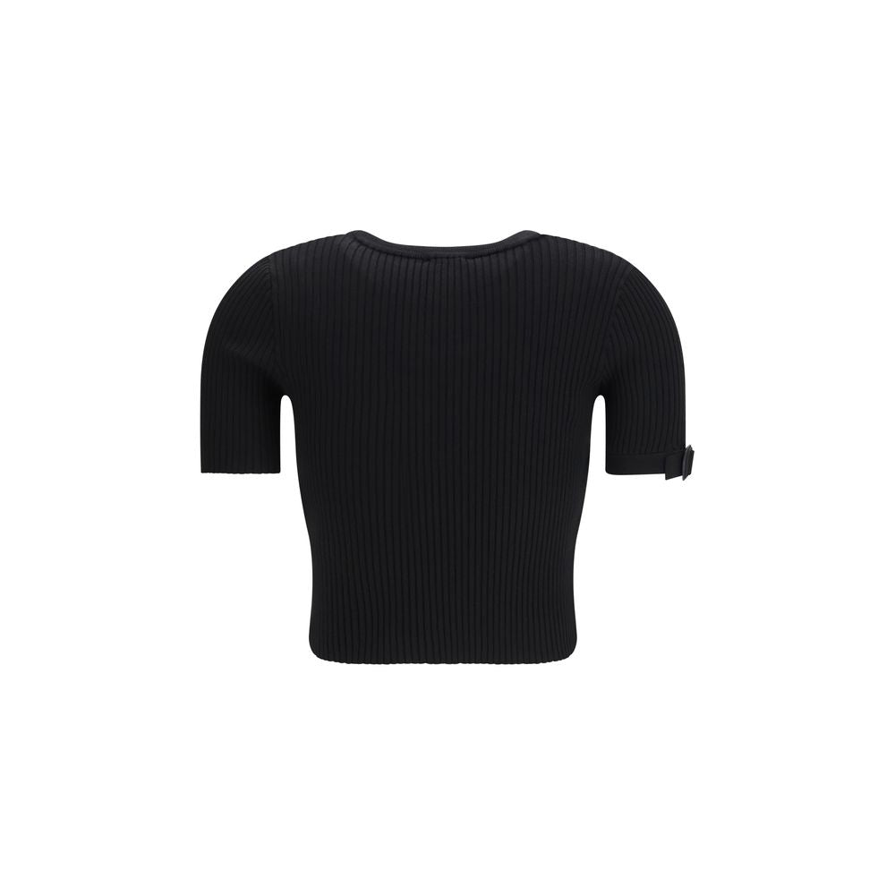 Courrèges Black Viscose T-Shirt - Ribbed Crop Top with Buckle Detail