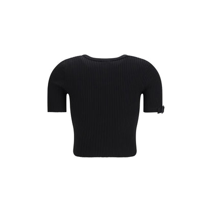 Courrèges Black Viscose T-Shirt - Ribbed Crop Top with Buckle Detail