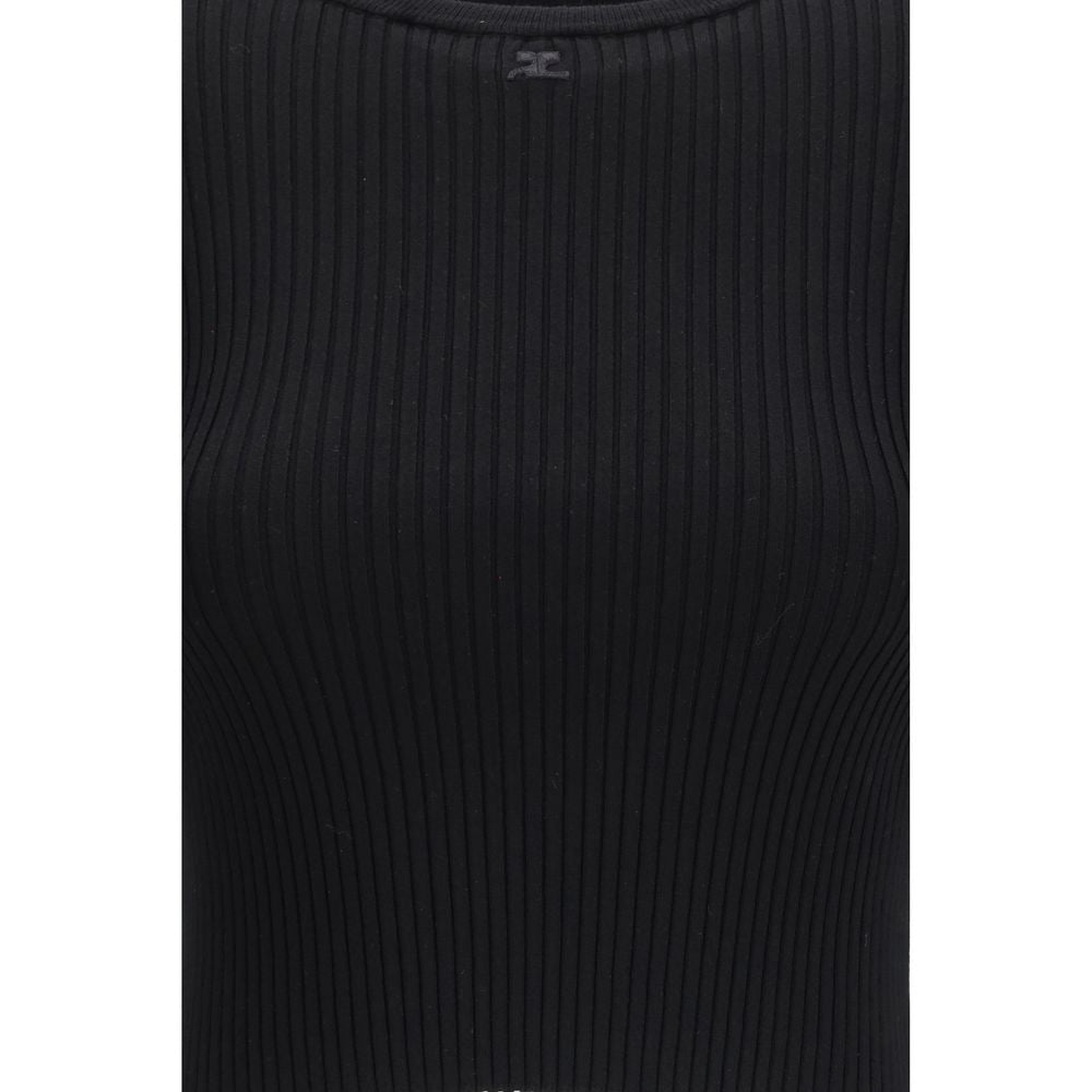 Courrèges Black Viscose T-Shirt - Ribbed Crop Top with Buckle Detail