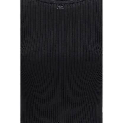 Courrèges Black Viscose T-Shirt - Ribbed Crop Top with Buckle Detail
