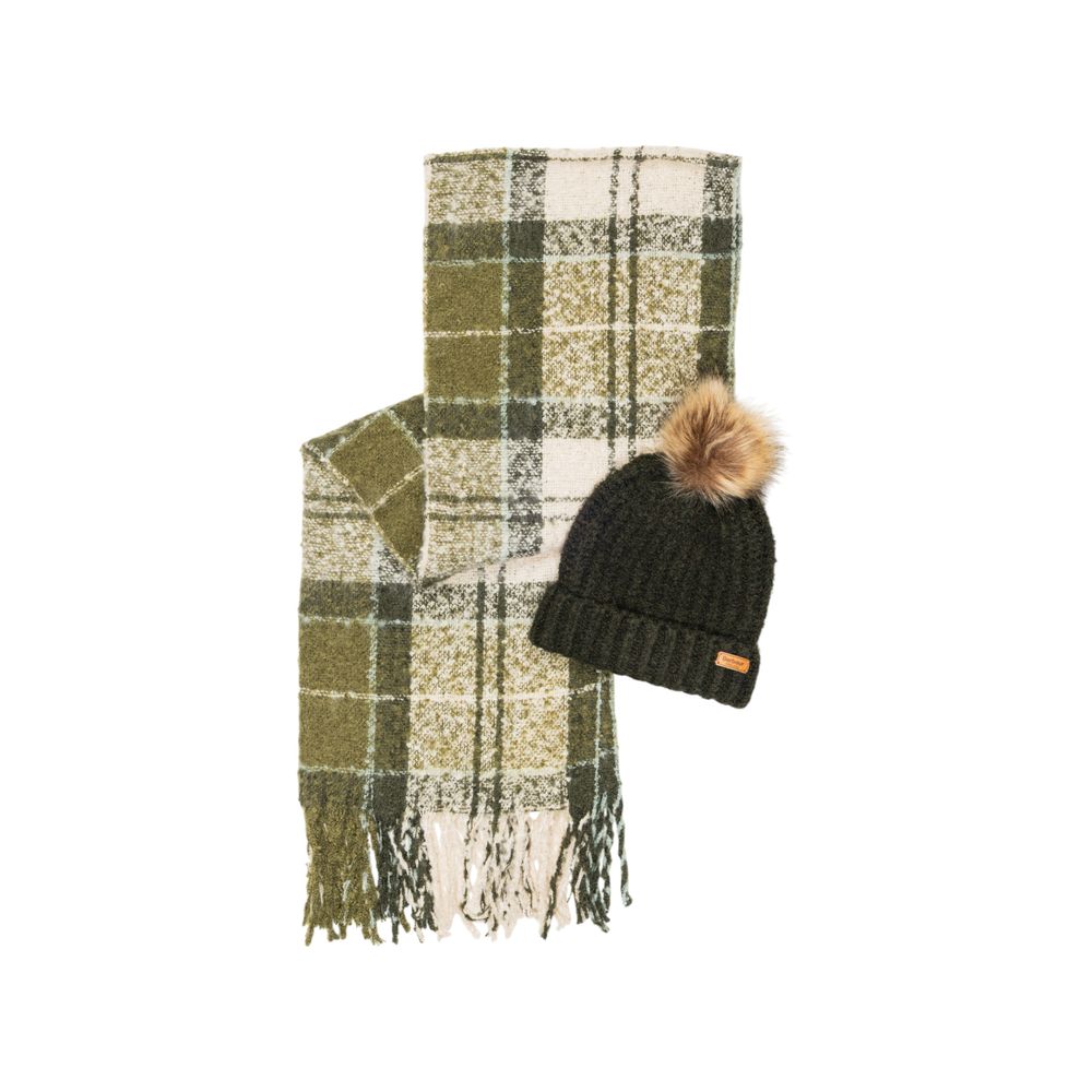 Barbour Green Polyester Beanie & Tartan Scarf Set