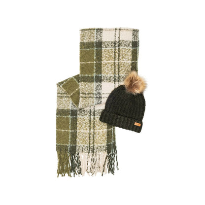 Barbour Green Polyester Beanie & Tartan Scarf Set