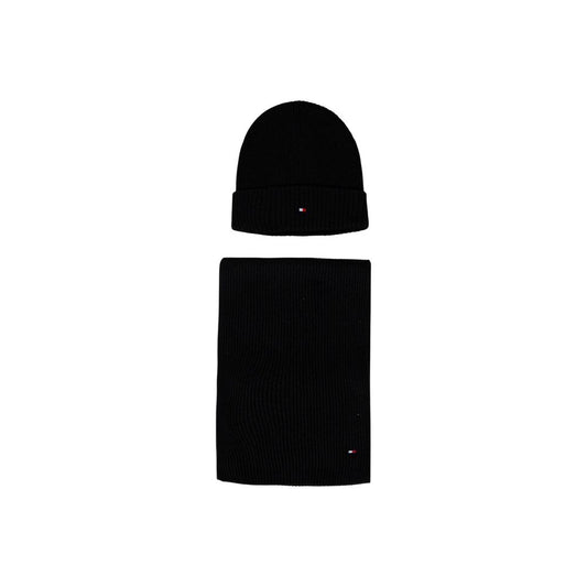 Tommy Hilfiger Black Cotton Beanie & Scarf Set