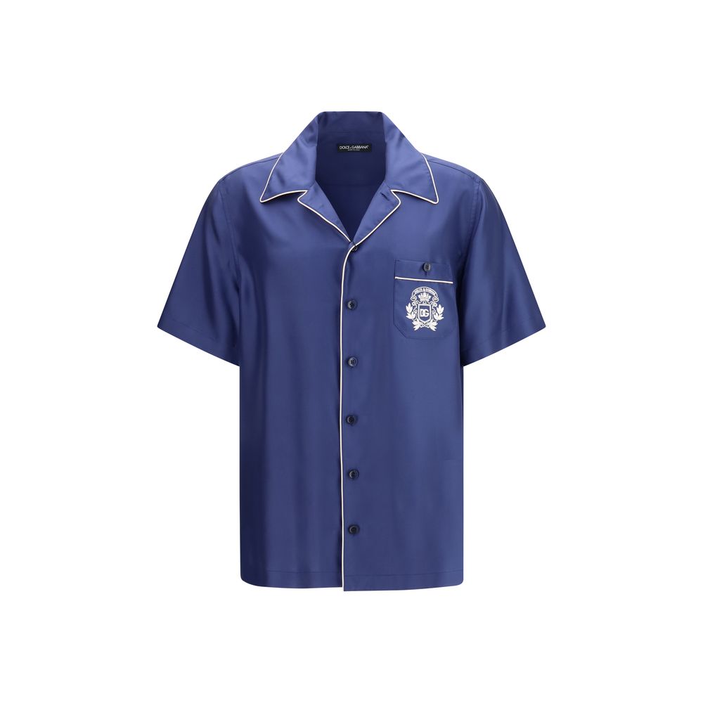 Dolce & Gabbana Blue Silk Hawaii Piping-Embroidered Shirt
