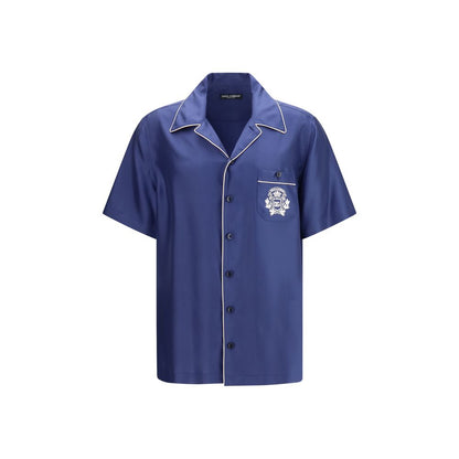 Dolce & Gabbana Blue Silk Hawaii Piping-Embroidered Shirt