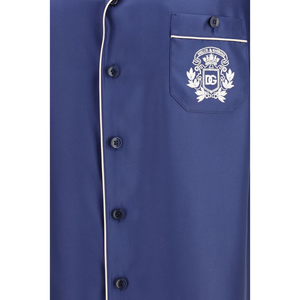 Dolce & Gabbana Blue Silk Hawaii Piping-Embroidered Shirt