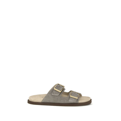 Brunello Cucinelli Gray Calf Leather Bos Taurus Flat Sandals