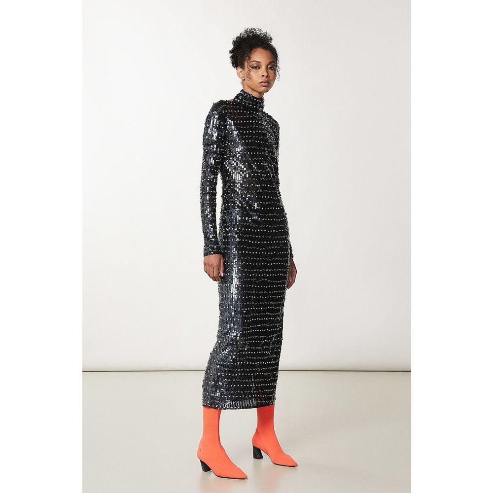 Patrizia Pepe Gold Polyamide Cocktail Dress in Black Sequins & Silver, IT40, Longsleeve