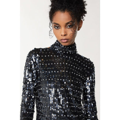 Patrizia Pepe Gold Polyamide Cocktail Dress in Black Sequins & Silver, IT40, Longsleeve