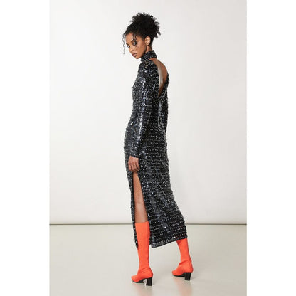 Patrizia Pepe Gold Polyamide Cocktail Dress in Black Sequins & Silver, IT40, Longsleeve