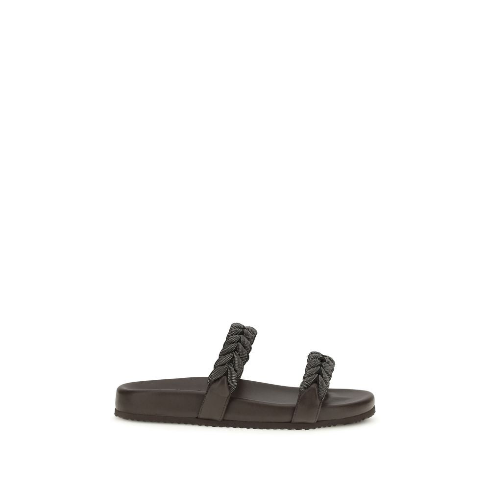 Brunello Cucinelli Brown Calf Leather Bos Taurus Flat Sandals
