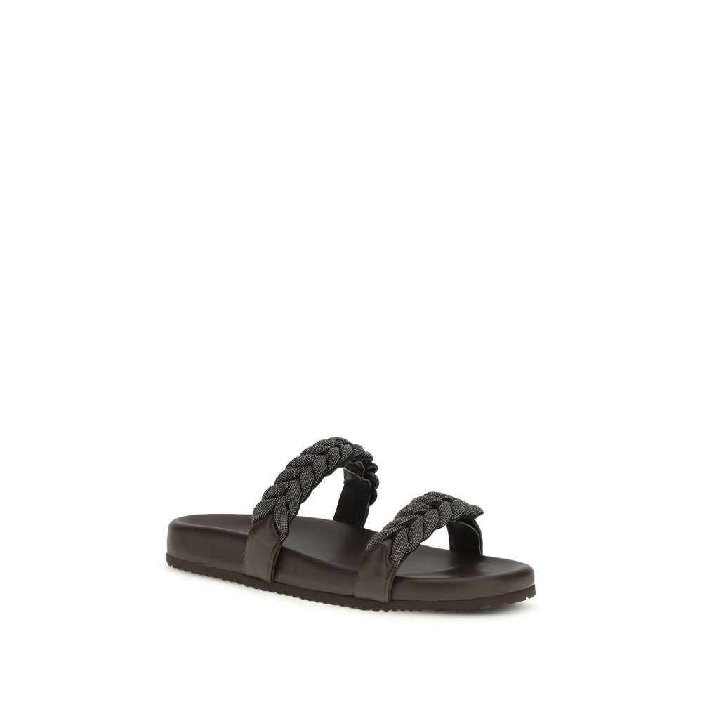 Brunello Cucinelli Brown Calf Leather Bos Taurus Flat Sandals