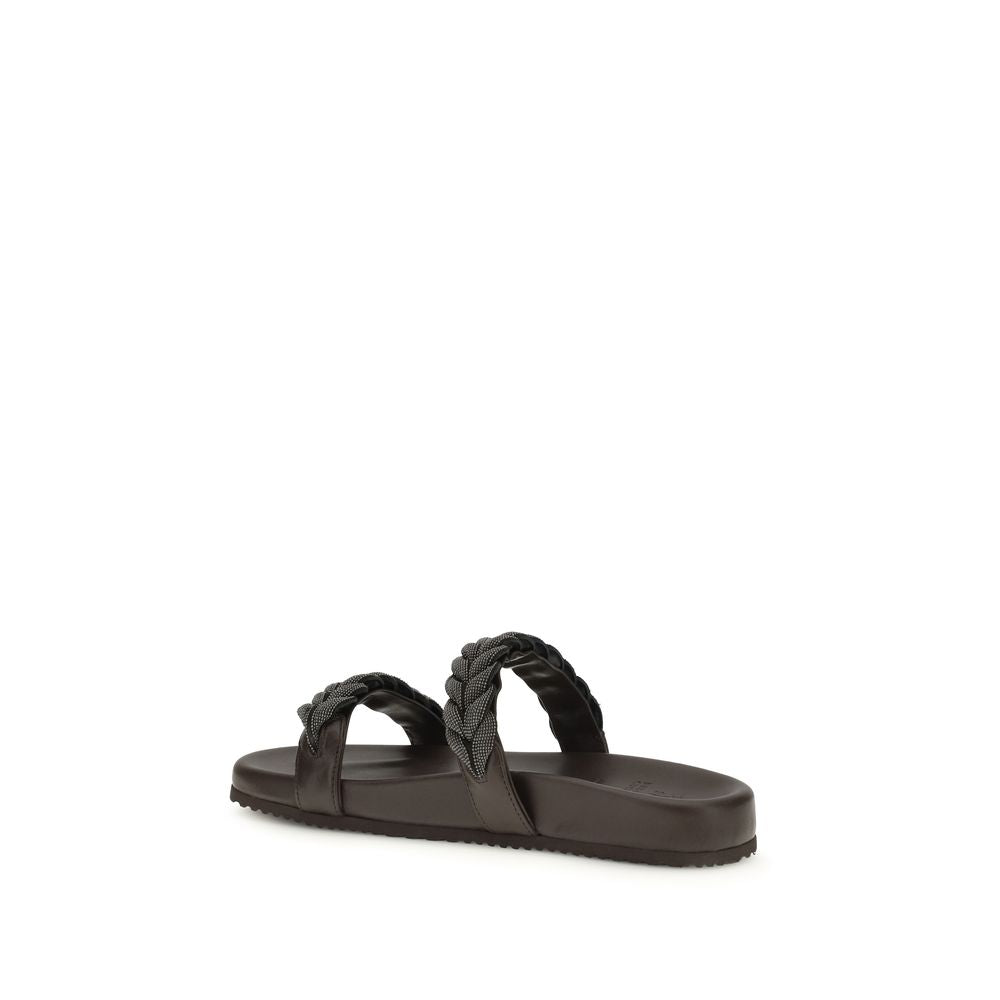 Brunello Cucinelli Brown Calf Leather Bos Taurus Flat Sandals