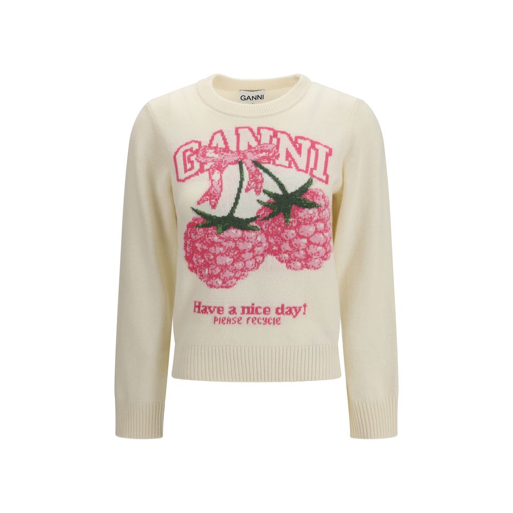 Ganni Beige Wool Merino Wool Sweatshirt with Raspberry Print
