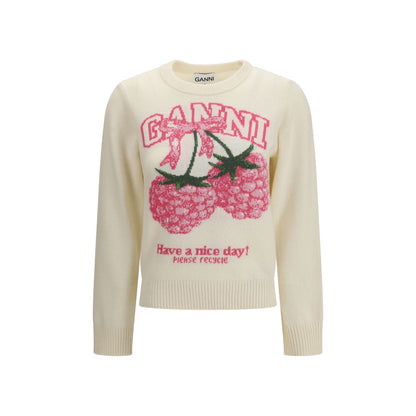 Ganni Beige Wool Merino Wool Sweatshirt with Raspberry Print