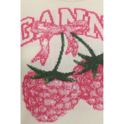 Ganni Beige Wool Merino Wool Sweatshirt with Raspberry Print