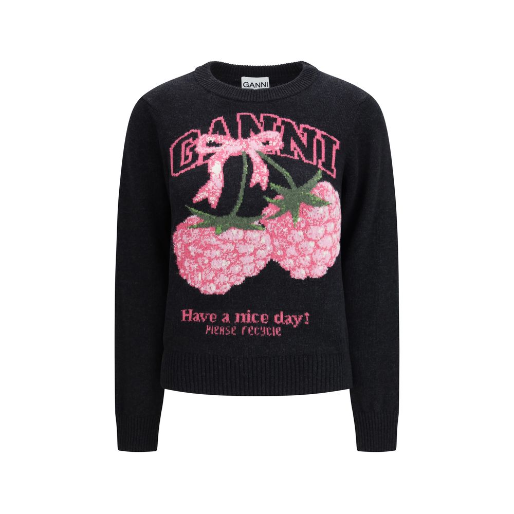 Ganni Gray Polyamide Sweatshirt with Raspberry Detail
