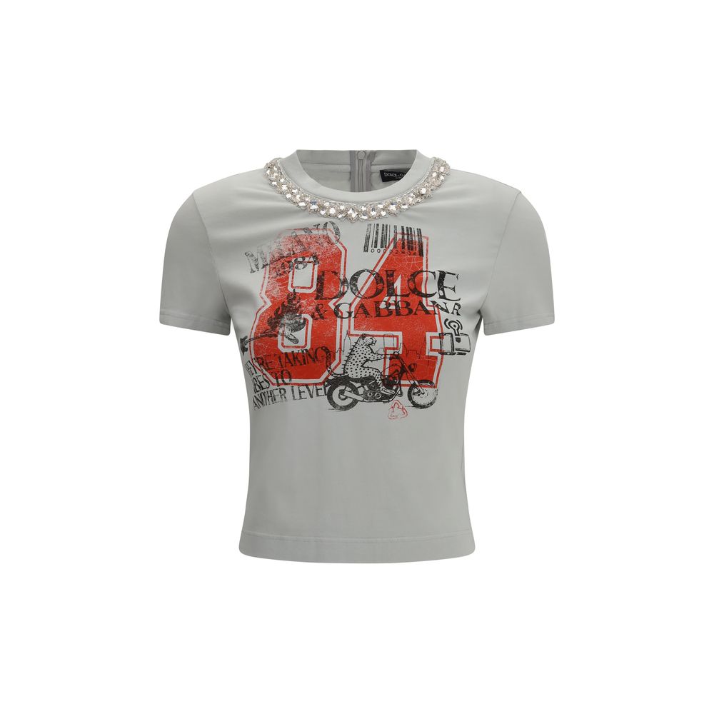 Dolce & Gabbana Gray Cotton T-Shirt with Crystals