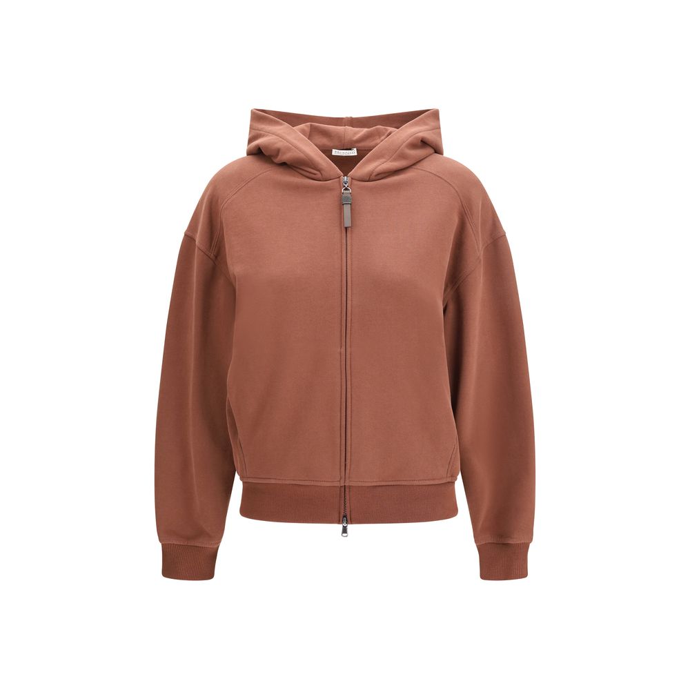 Brunello Cucinelli Brown Cotton Sweatshirt with Shiny Zipper Pull