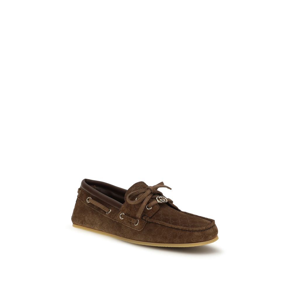 Gucci Brown Calf Leather Suede Boat Loafers