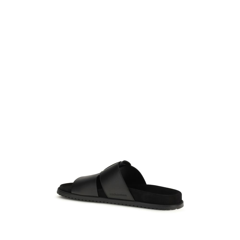 Dolce & Gabbana Black Calf Leather Bos Flat Sandals for Men