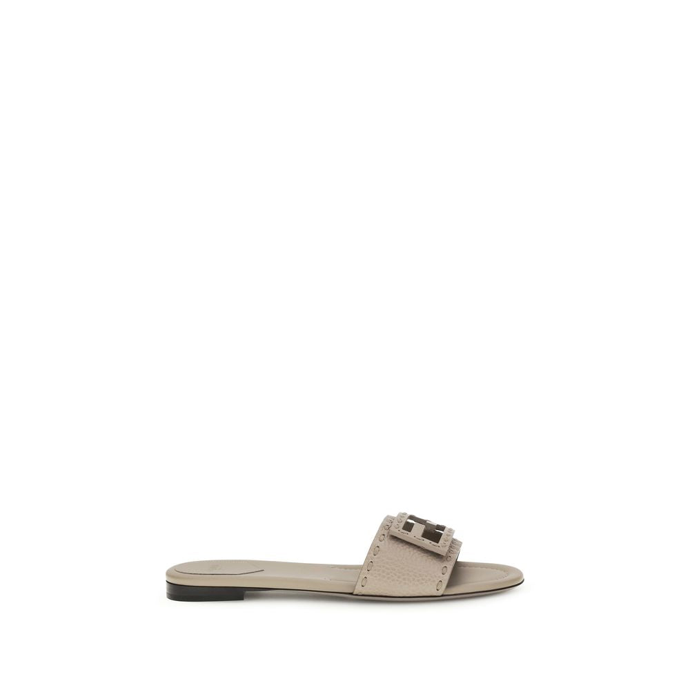 Fendi Gray Calf Leather Baguette Flat Sandals