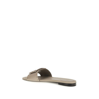 Fendi Gray Calf Leather Baguette Flat Sandals