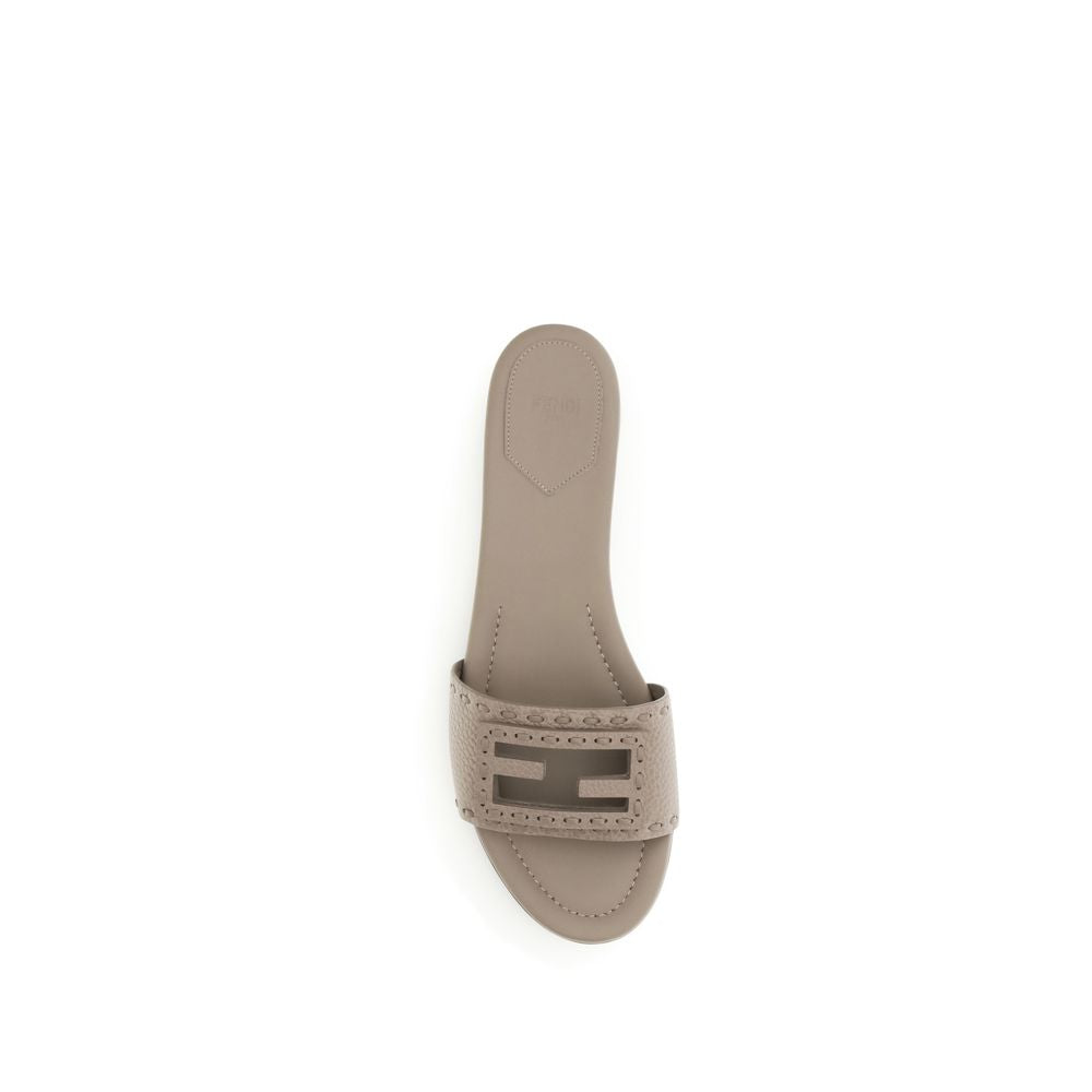 Fendi Gray Calf Leather Baguette Flat Sandals