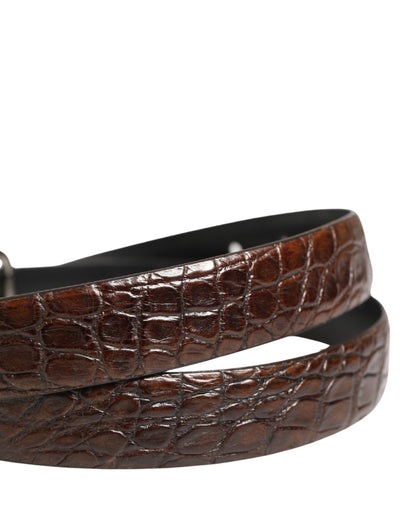 Dolce & Gabbana Brown Caiman Leather Belt with Silver Tone Buckle