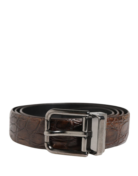 Dolce & Gabbana Brown Caiman Leather Belt with Silver Tone Buckle