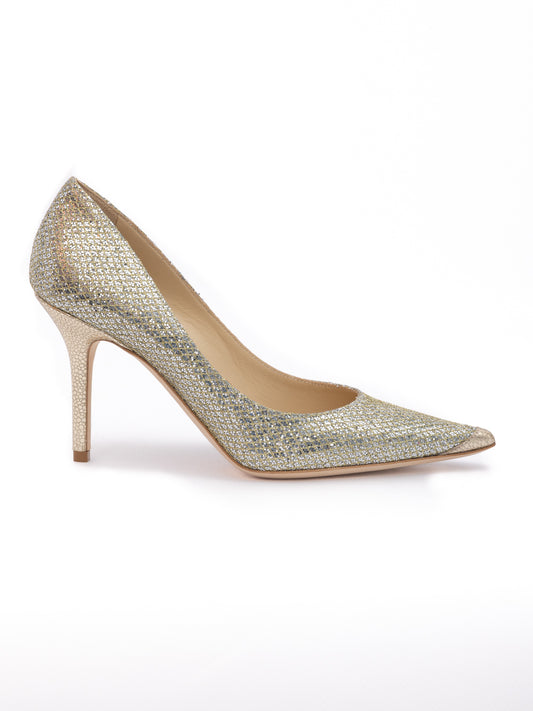 Jimmy Choo Gold Glitter Fabric Agnes Pumps – Elevate Your Elegance