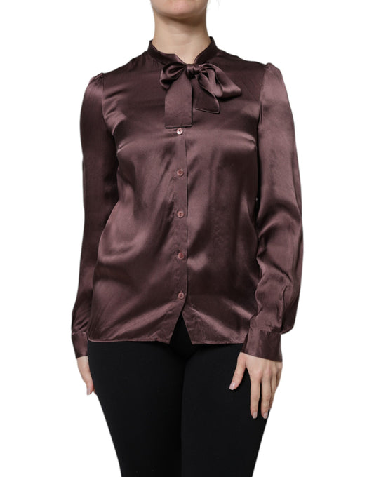 Dolce & Gabbana Violet Satin Long Sleeve Ascot Tie Shirt  Top