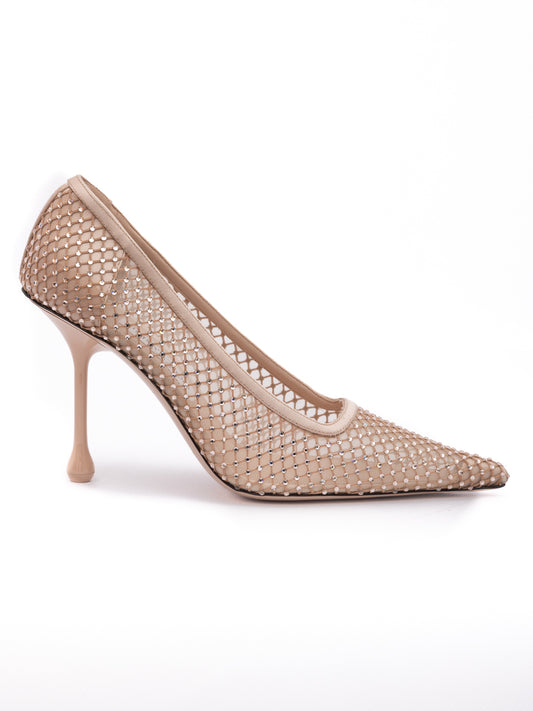 Jimmy Choo Powder Pink Mesh Satin Crystal Ixia 95 Pumps - Elegance Redefined