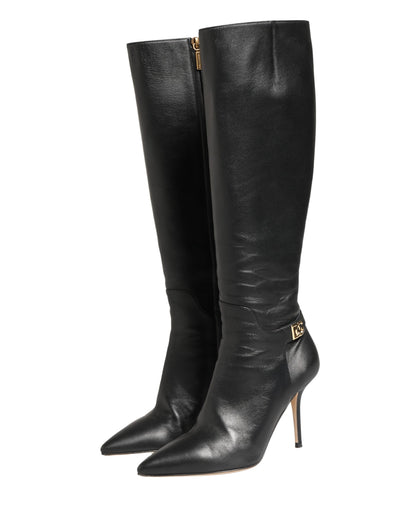 Dolce & Gabbana Black Leather Heels Knee High Boots Shoes