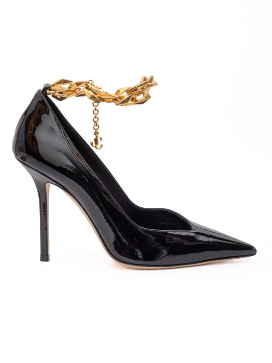 Jimmy Choo Black Patent Leather Diamond Talura 100 Pumps - Red Carpet Elegance