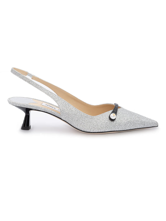 Jimmy Choo Silver Fine Glitter Amita 45 Slingback Pumps - Elevate Your Elegance