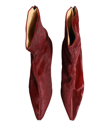 Dolce & Gabbana Burgundy Mid Calf Fur Boots